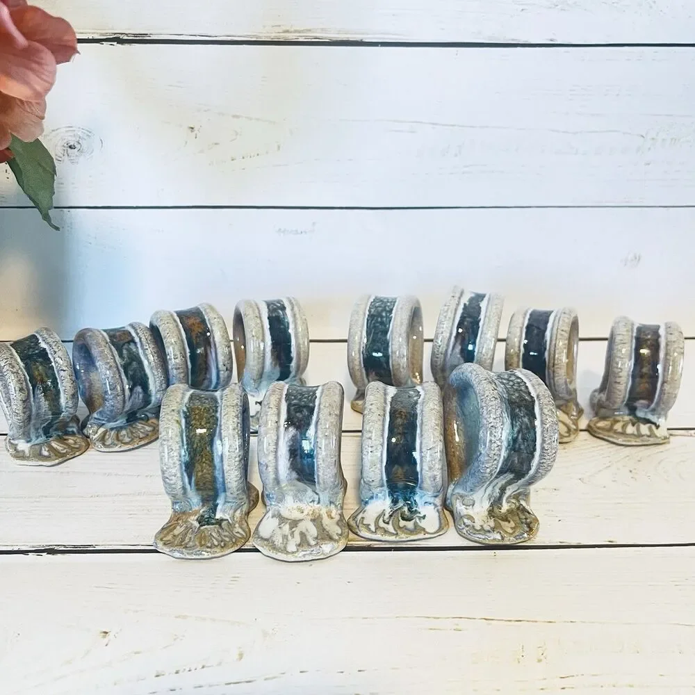 Handmade Ceramic Pottery Blue Napkin Rings Set of 12 Pc Blues Browns 2”h x 1”w